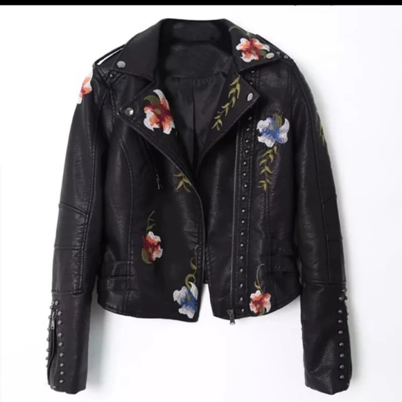Women Leather Floral Print Embroidery Jacket - Picture 10 of 16